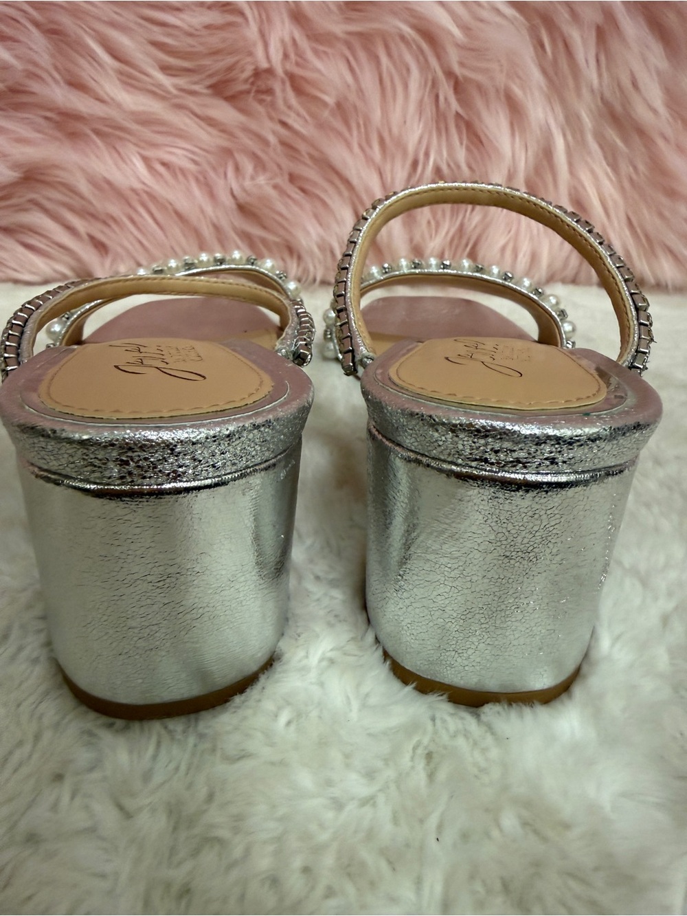 Badgley Mischka Pink Silver Pearl-Embellished Block Heel Sandals - Picture 4 of 4
